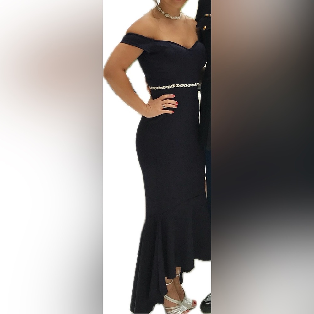 Navy Blue‎ Off-Shoulder Flouncing Mermaid Gown - Picture 3 of 6